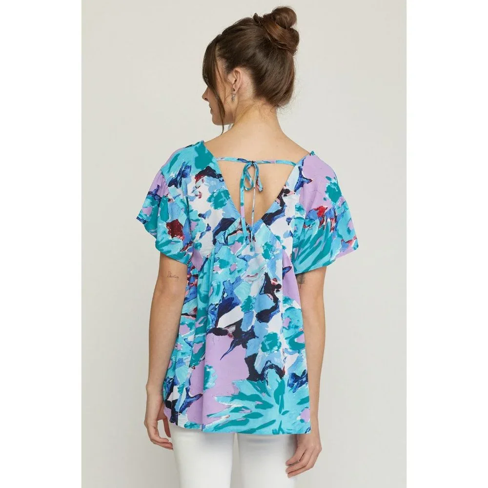 Entro Floral Ruffle Sleeve Top, Blue - Picture 3 of 7